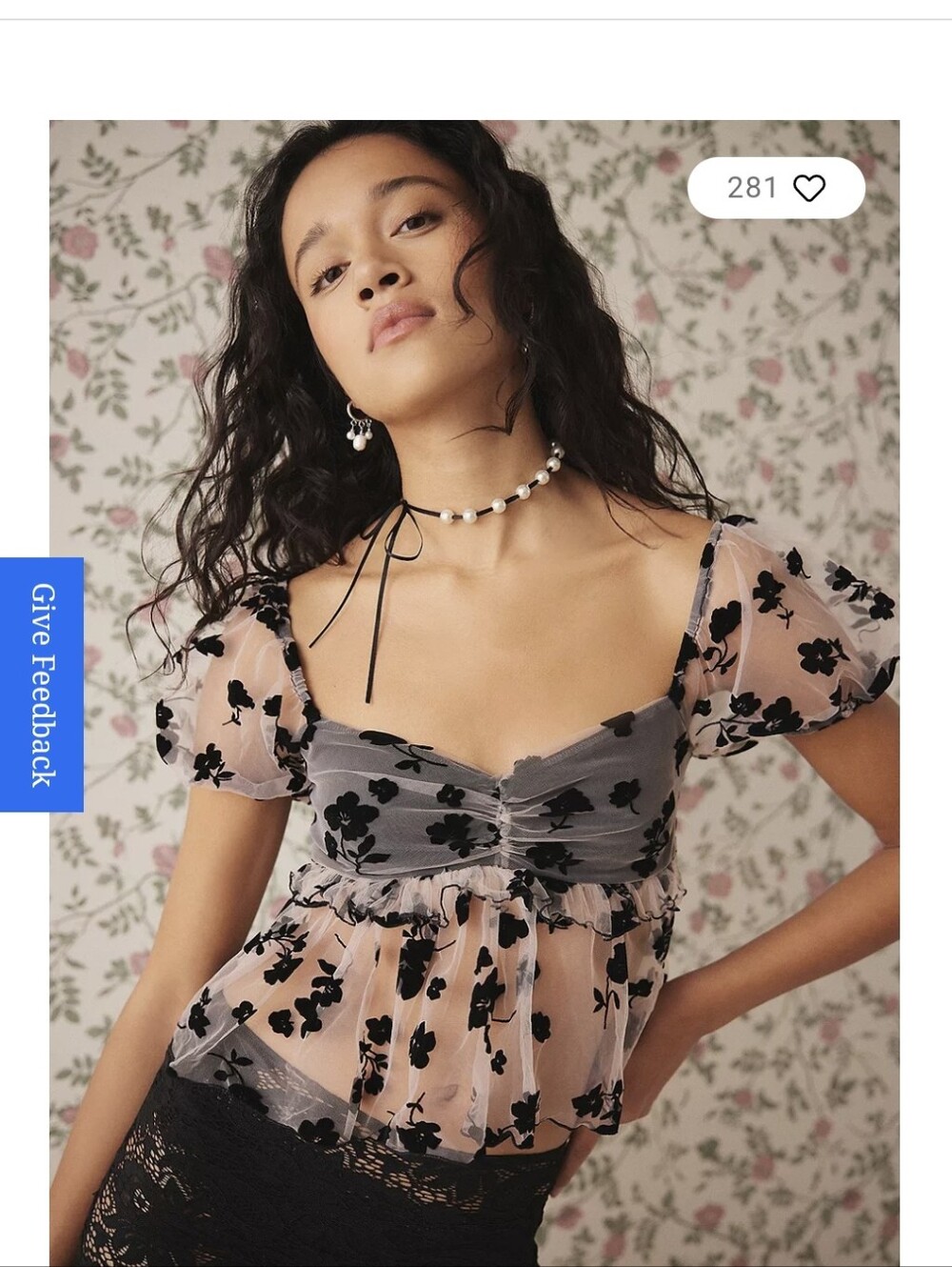 Sheer Floral Mesh Puff-Sleeve Top in Blush and Black